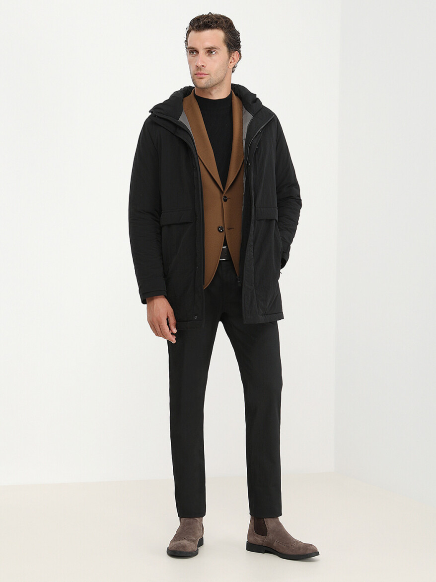 Siyah Regular Fit Kapüşonlu Casual Dokuma Kaban - 3