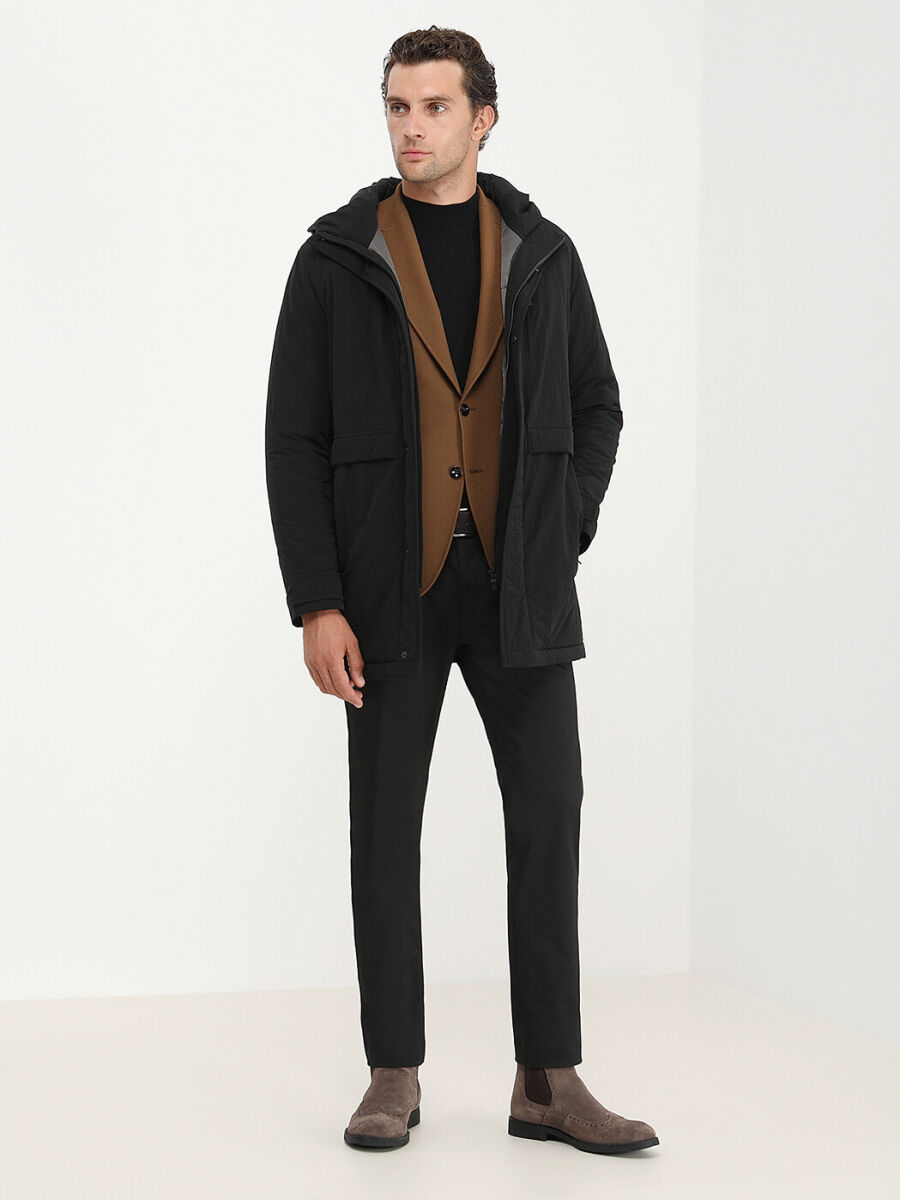 Siyah Regular Fit Kapüşonlu Casual Dokuma Kaban - 3