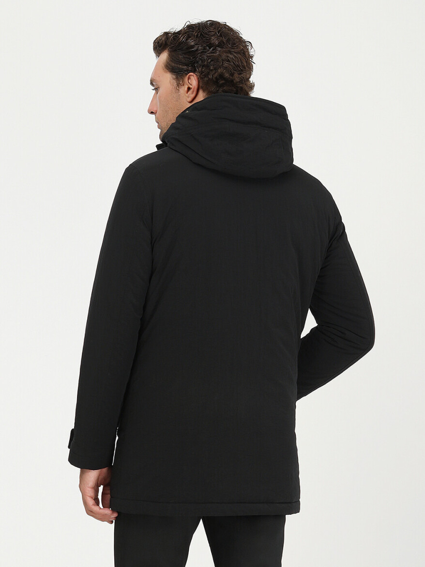 Siyah Regular Fit Kapüşonlu Casual Dokuma Kaban - 7