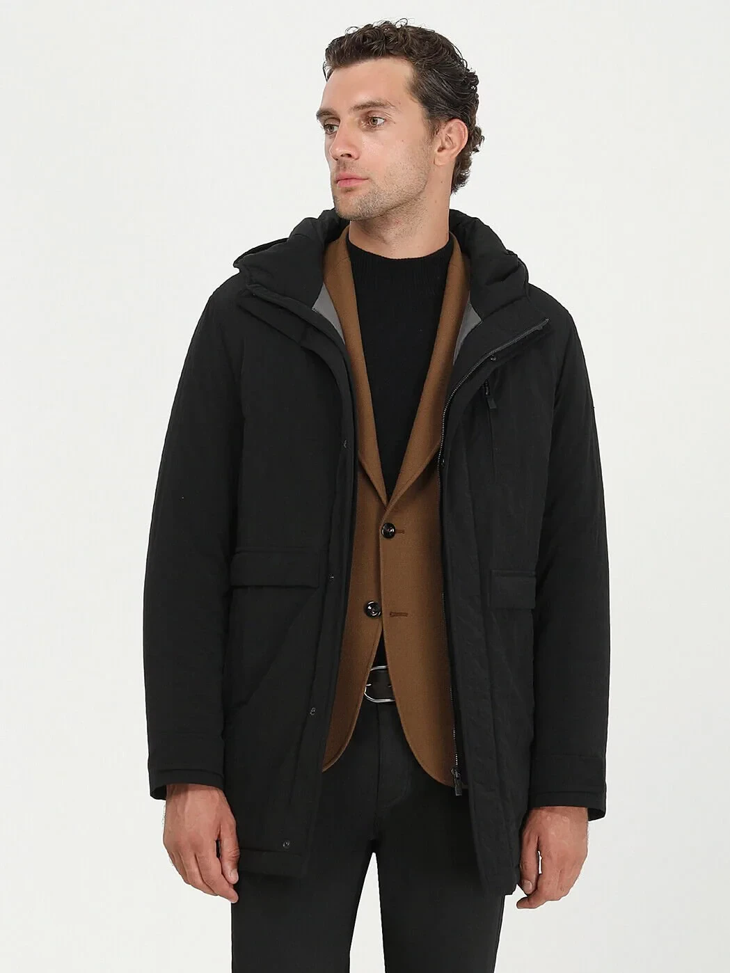 Siyah Regular Fit Kapüşonlu Casual Dokuma Kaban - 1