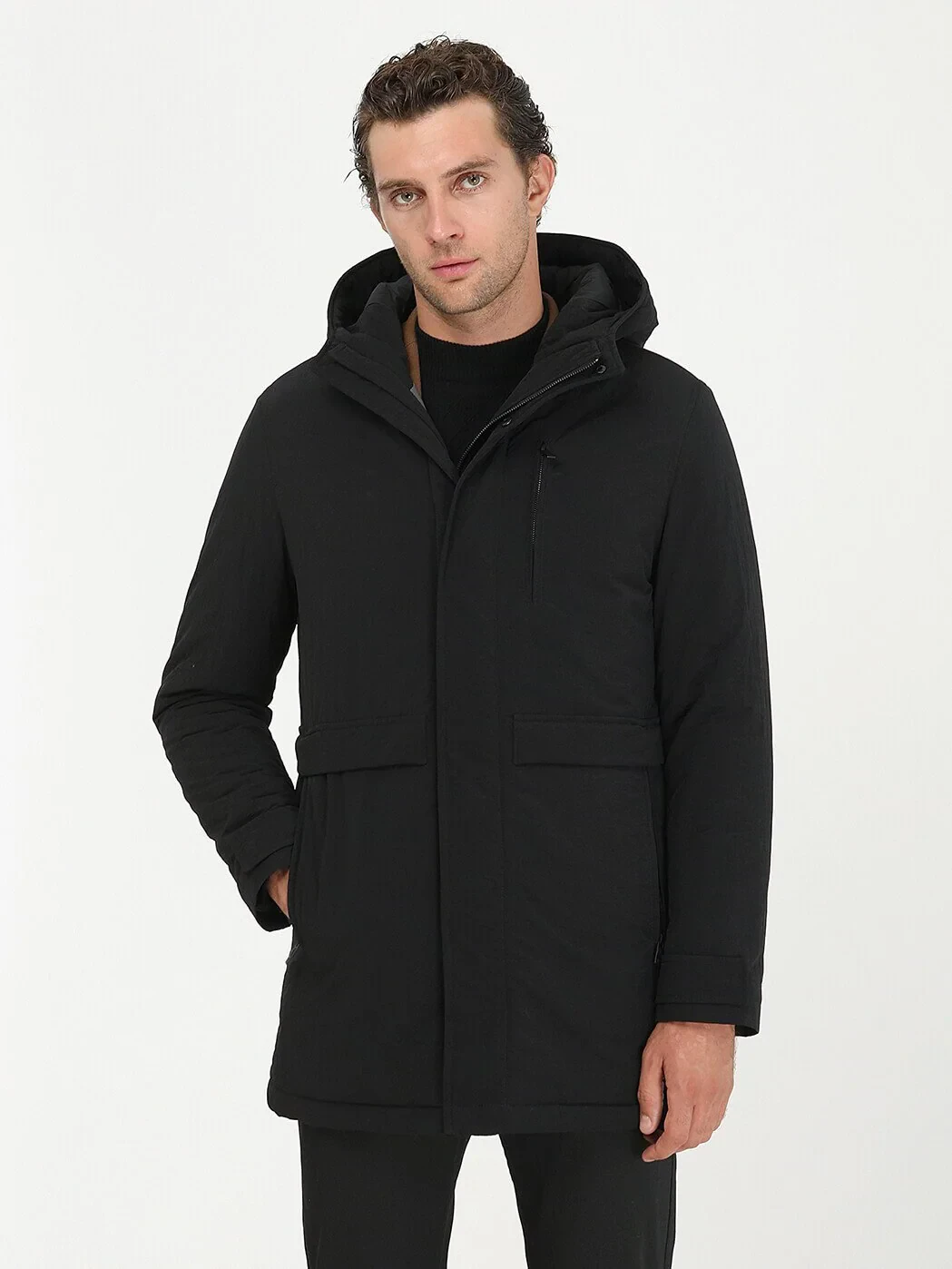 Siyah Regular Fit Kapüşonlu Casual Dokuma Kaban - 2