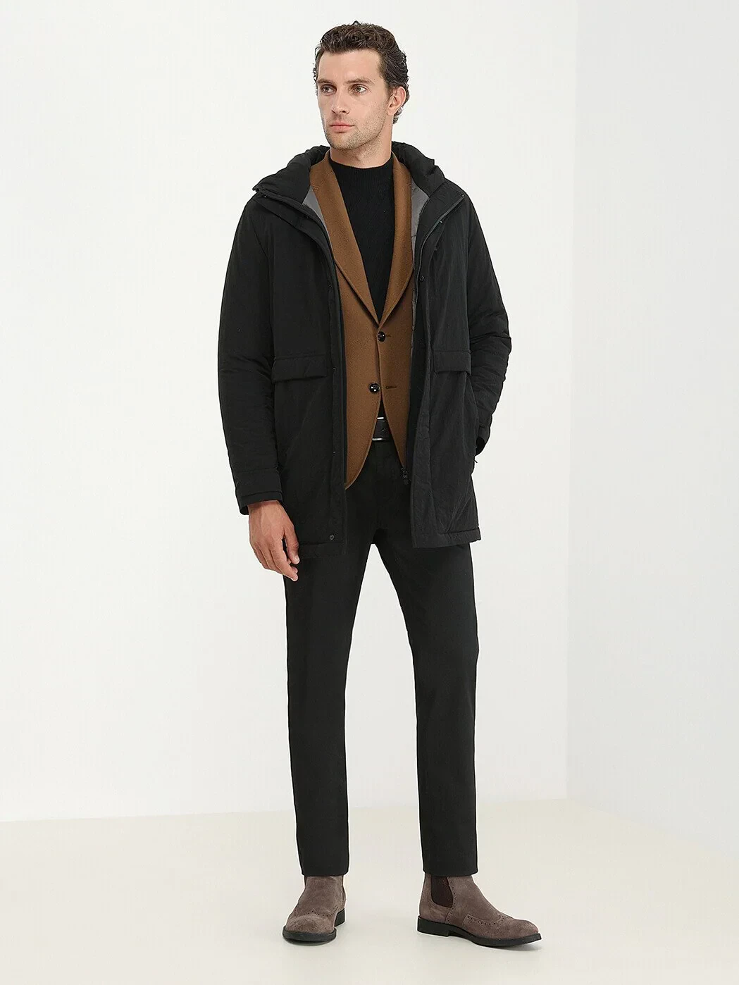 Siyah Regular Fit Kapüşonlu Casual Dokuma Kaban - 3
