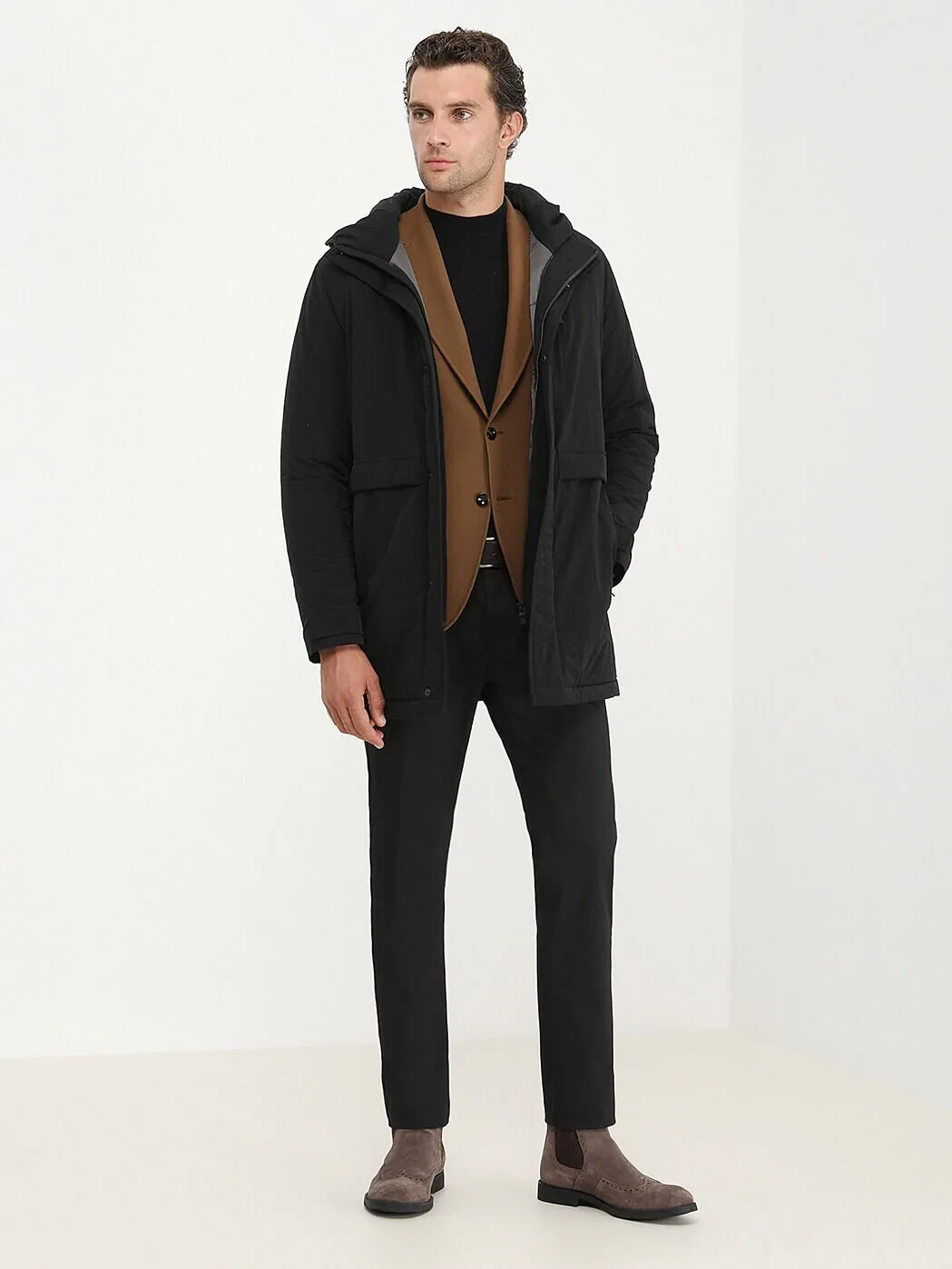 Siyah Regular Fit Kapüşonlu Casual Dokuma Kaban - 3