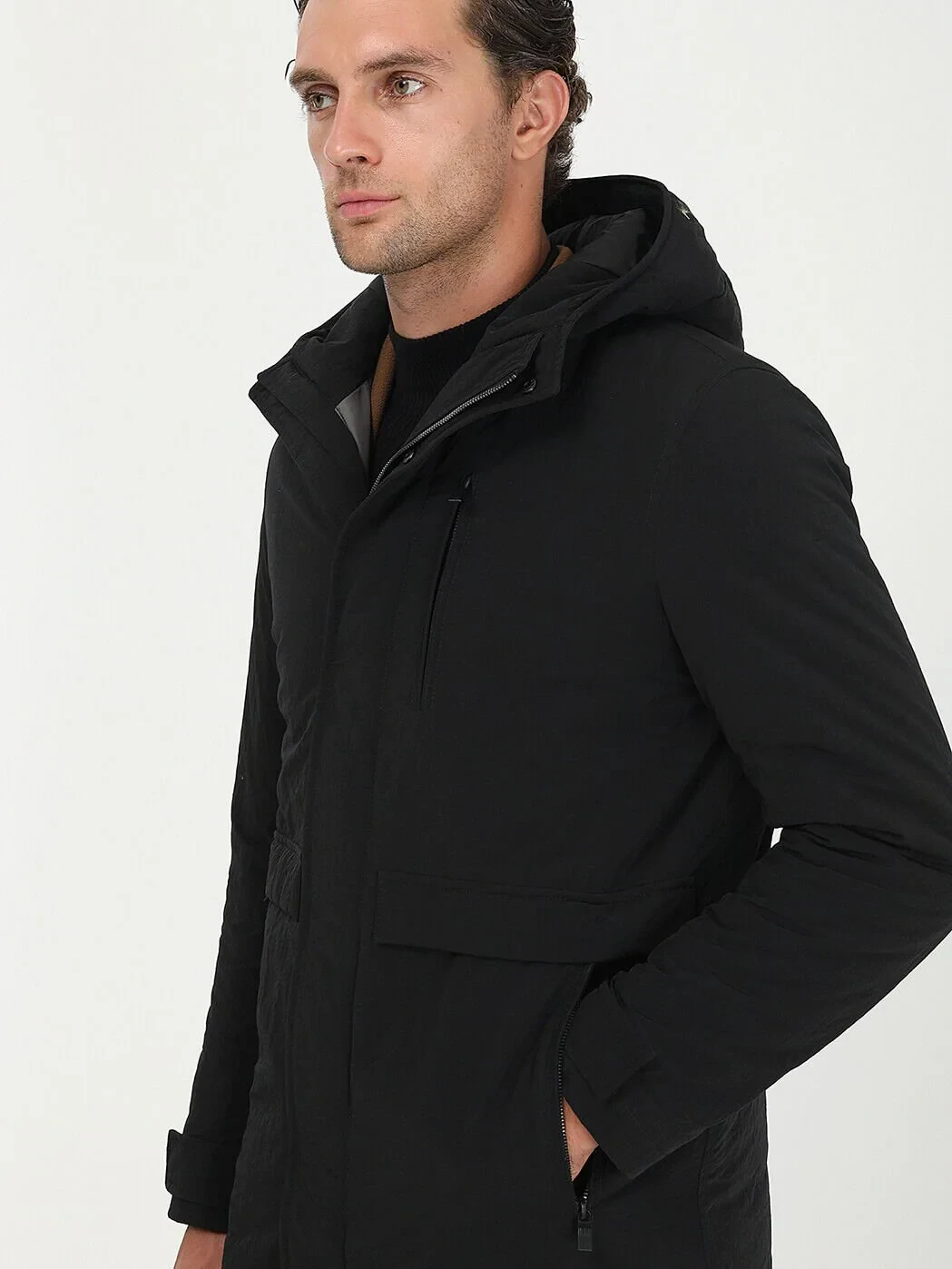 Siyah Regular Fit Kapüşonlu Casual Dokuma Kaban - 4