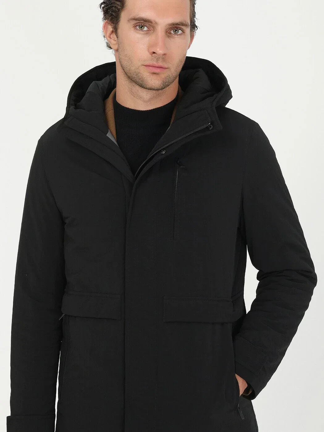 Siyah Regular Fit Kapüşonlu Casual Dokuma Kaban - 6