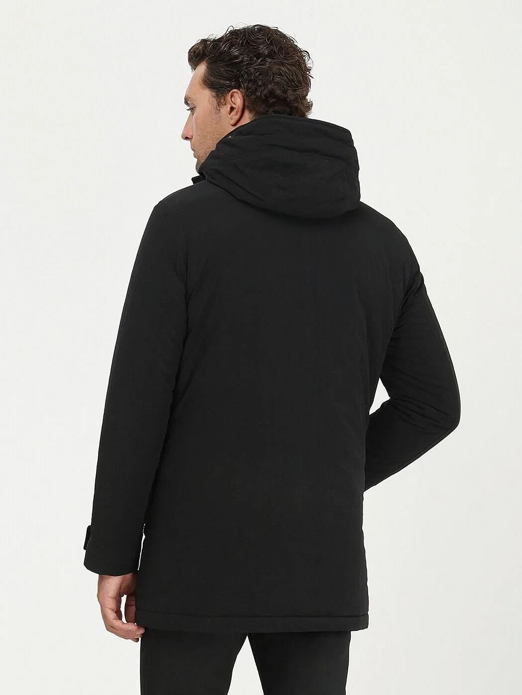 Siyah Regular Fit Kapüşonlu Casual Dokuma Kaban - 7