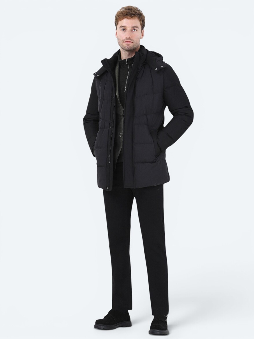 Siyah Regular Fit Kapüşonlu Casual Dokuma Kaban - KİP
