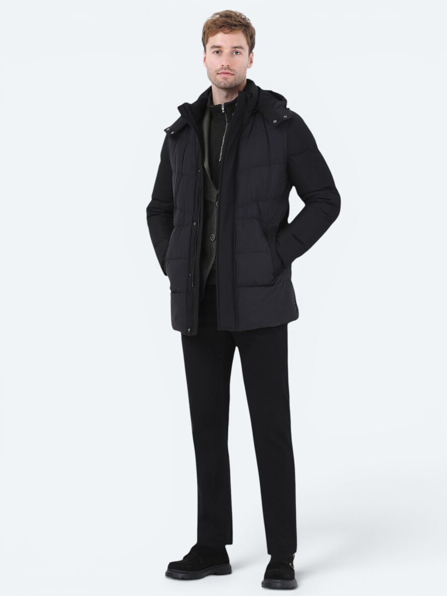 Siyah Regular Fit Kapüşonlu Casual Dokuma Kaban - 2