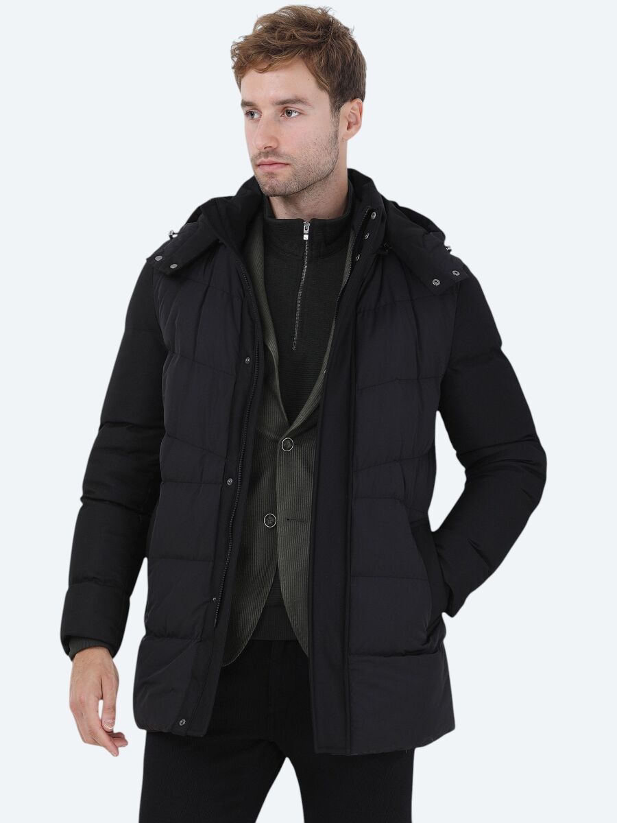 Siyah Regular Fit Kapüşonlu Casual Dokuma Kaban - 3