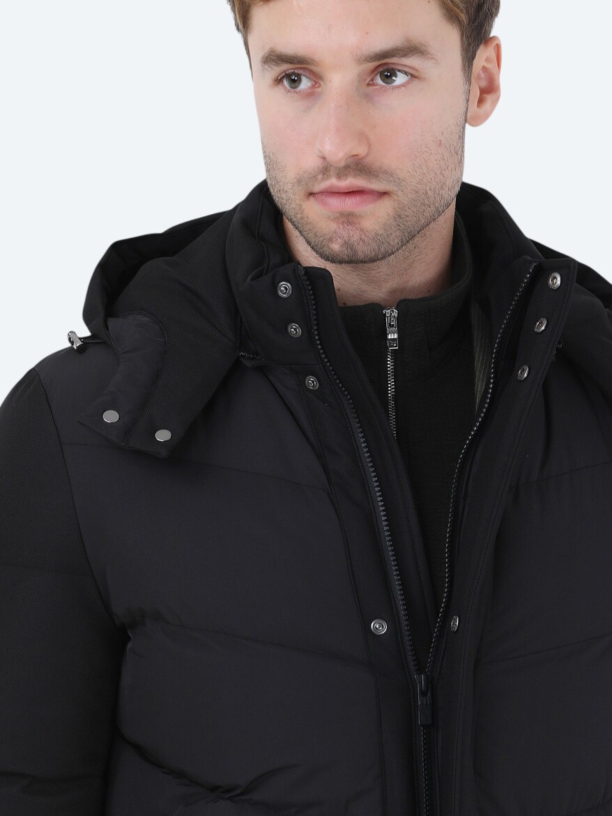 Siyah Regular Fit Kapüşonlu Casual Dokuma Kaban - 4