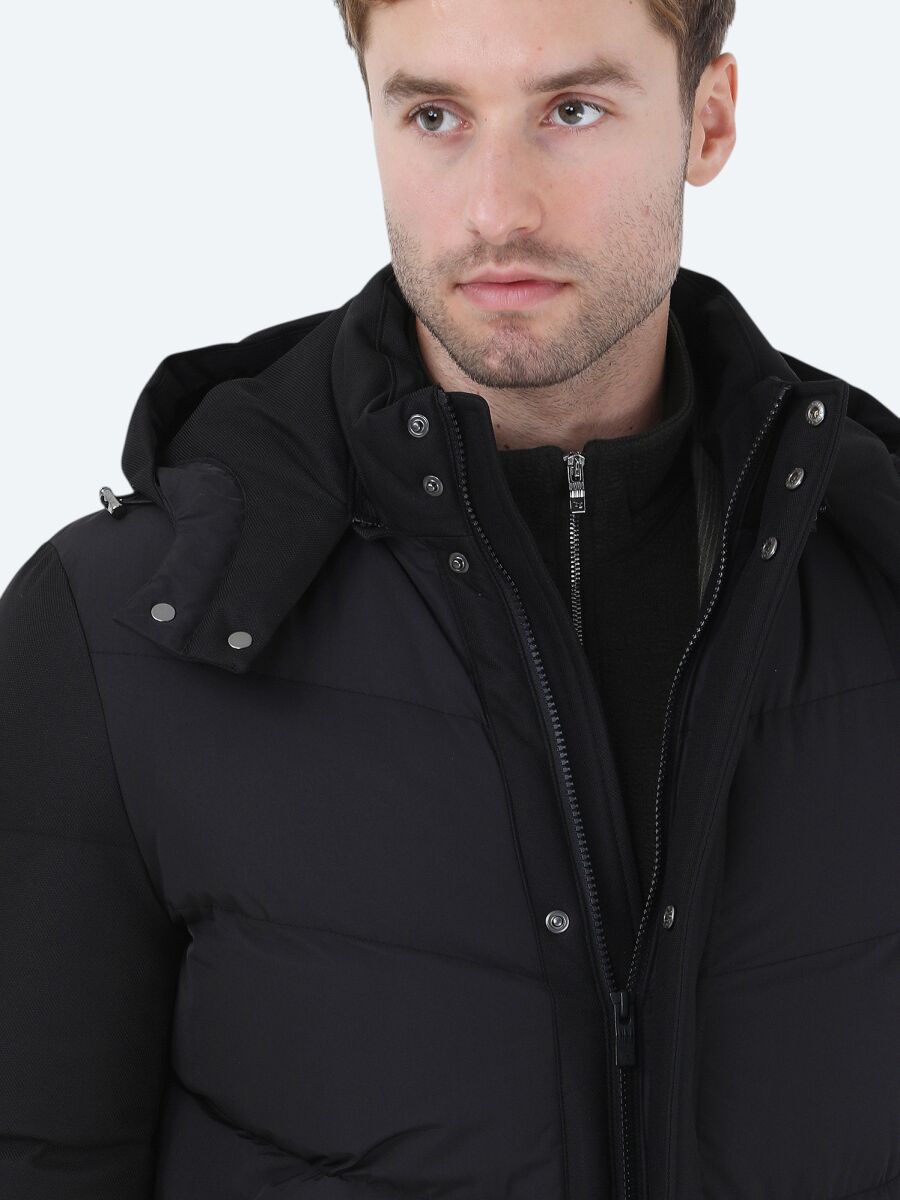 Siyah Regular Fit Kapüşonlu Casual Dokuma Kaban - 4