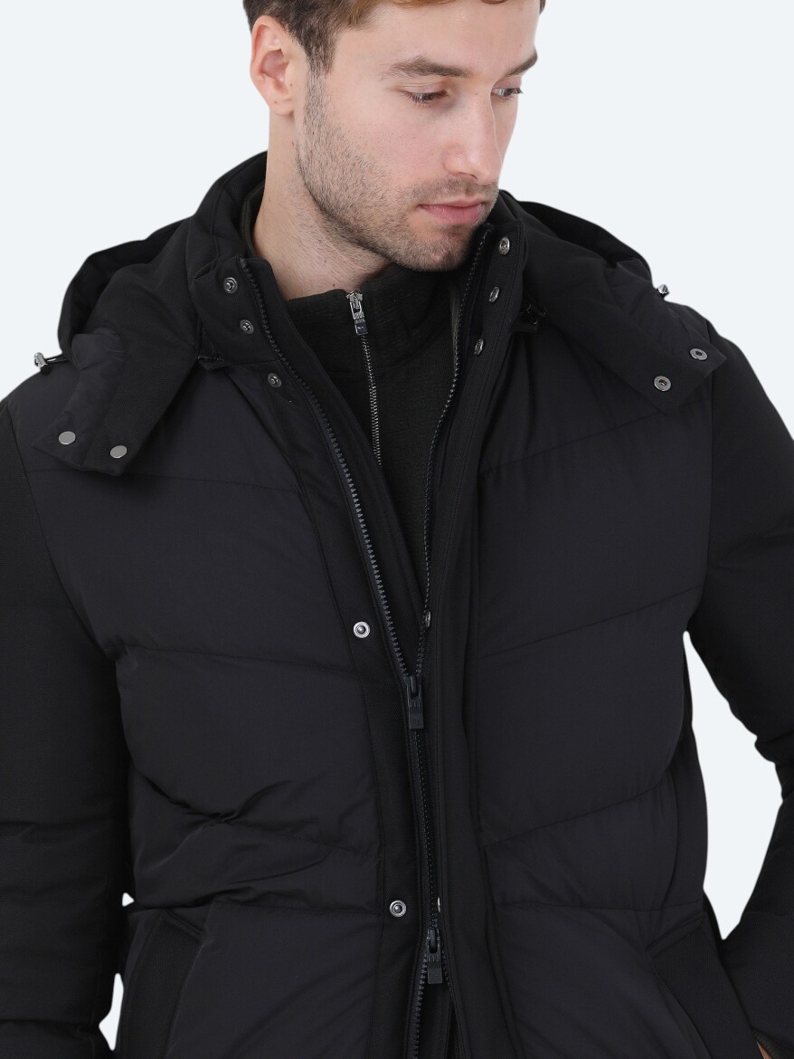 Siyah Regular Fit Kapüşonlu Casual Dokuma Kaban - 5