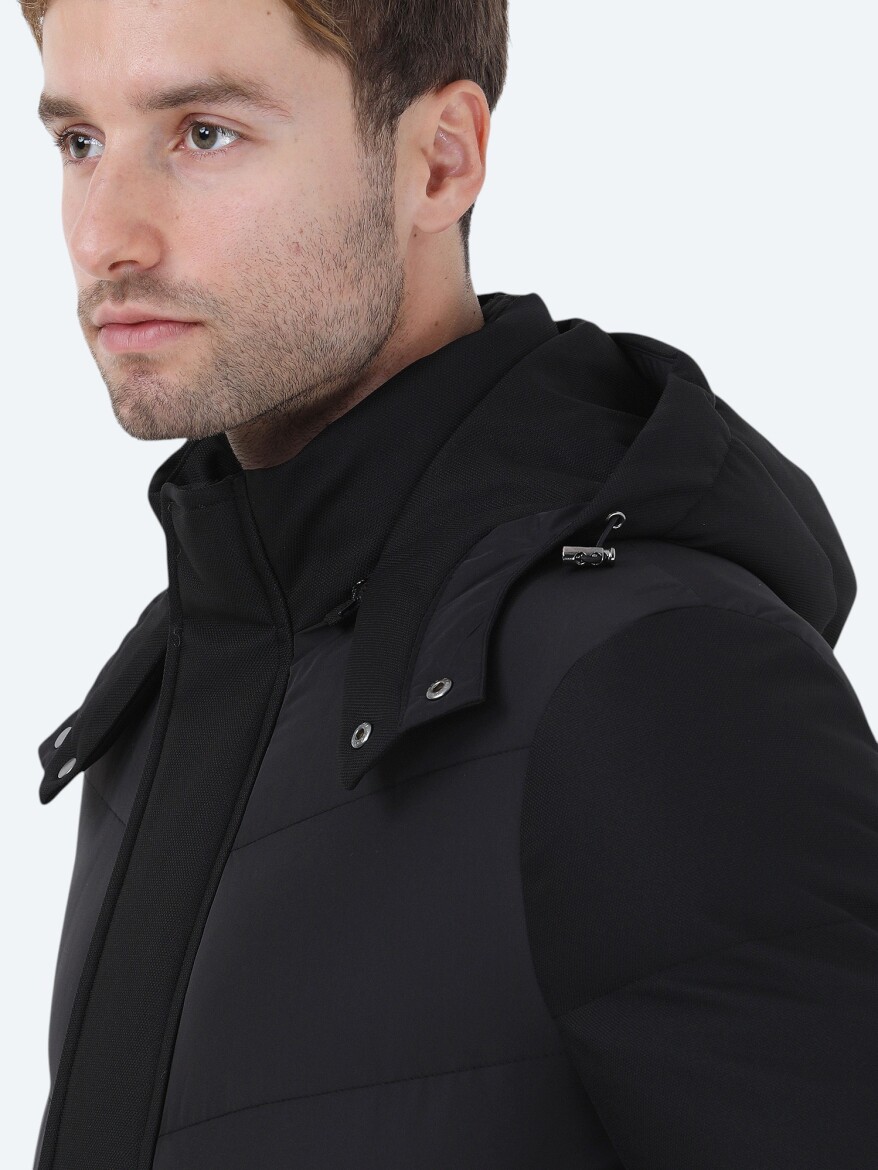 Siyah Regular Fit Kapüşonlu Casual Dokuma Kaban - 6
