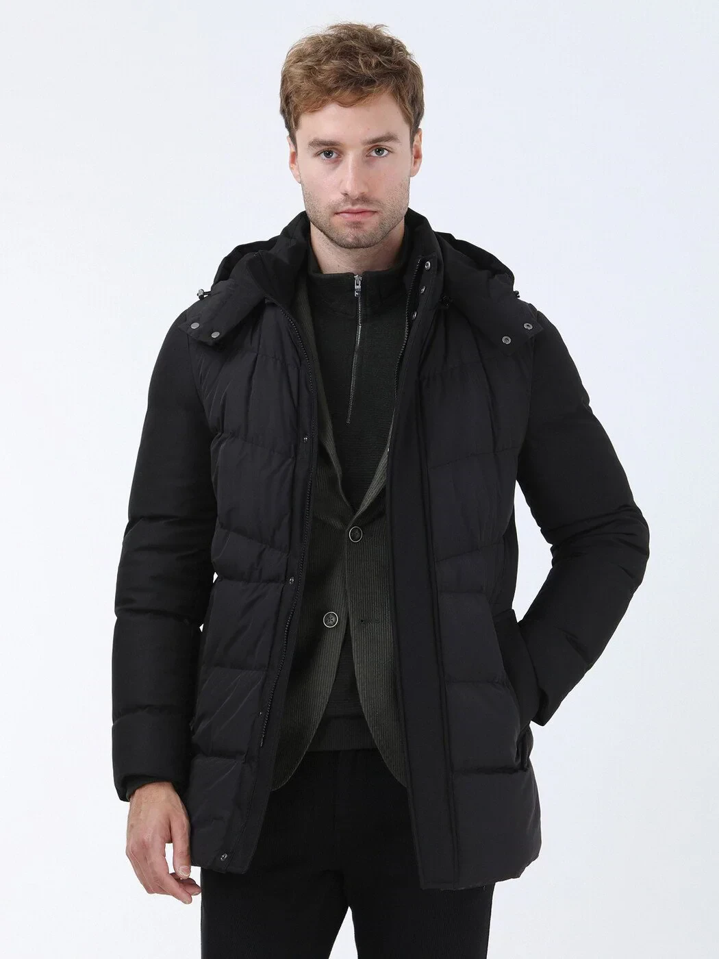 Siyah Regular Fit Kapüşonlu Casual Dokuma Kaban - 1