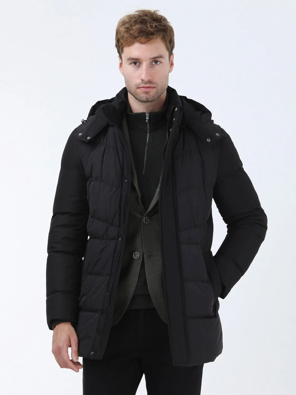 Siyah Regular Fit Kapüşonlu Casual Dokuma Kaban - 1
