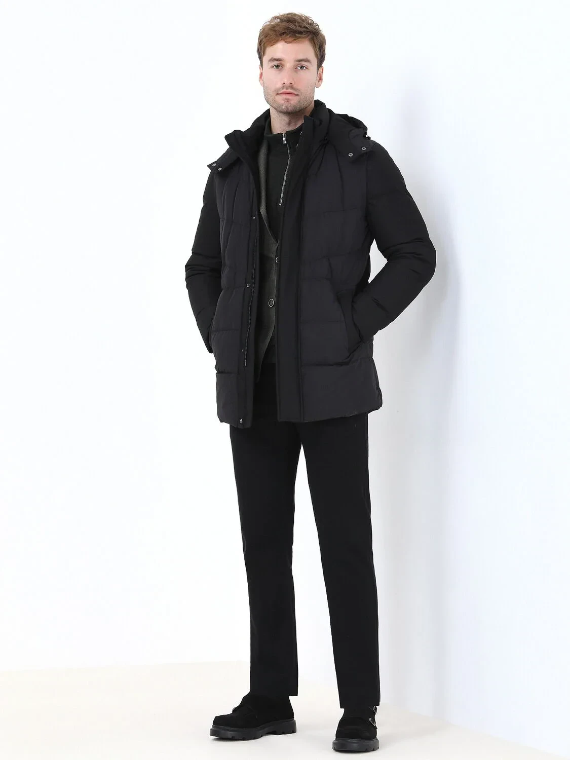 Siyah Regular Fit Kapüşonlu Casual Dokuma Kaban - 2