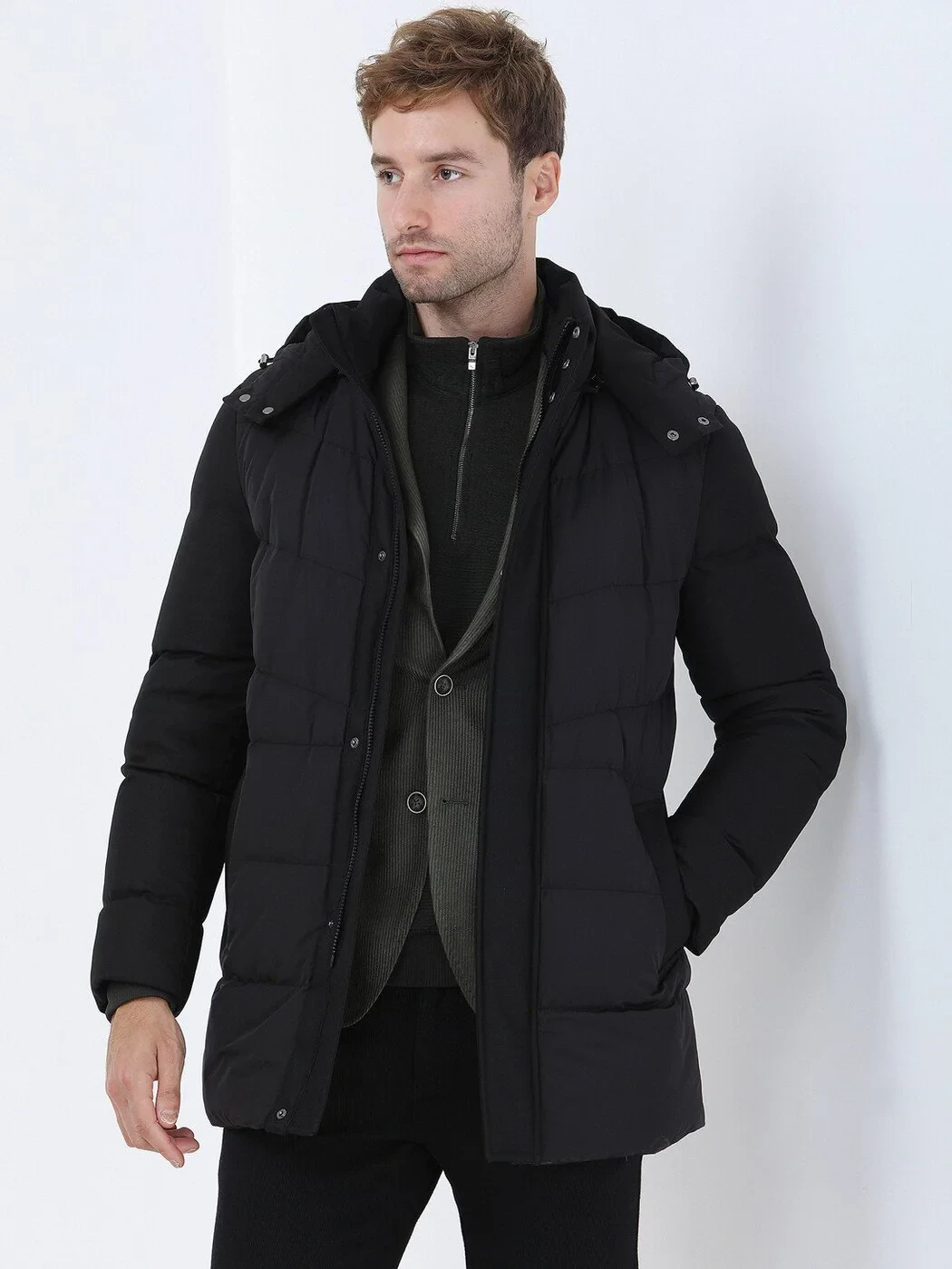 Siyah Regular Fit Kapüşonlu Casual Dokuma Kaban - 3