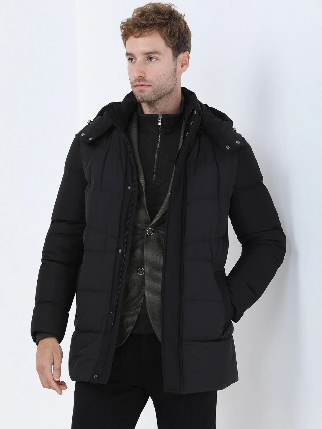 Siyah Regular Fit Kapüşonlu Casual Dokuma Kaban - 3