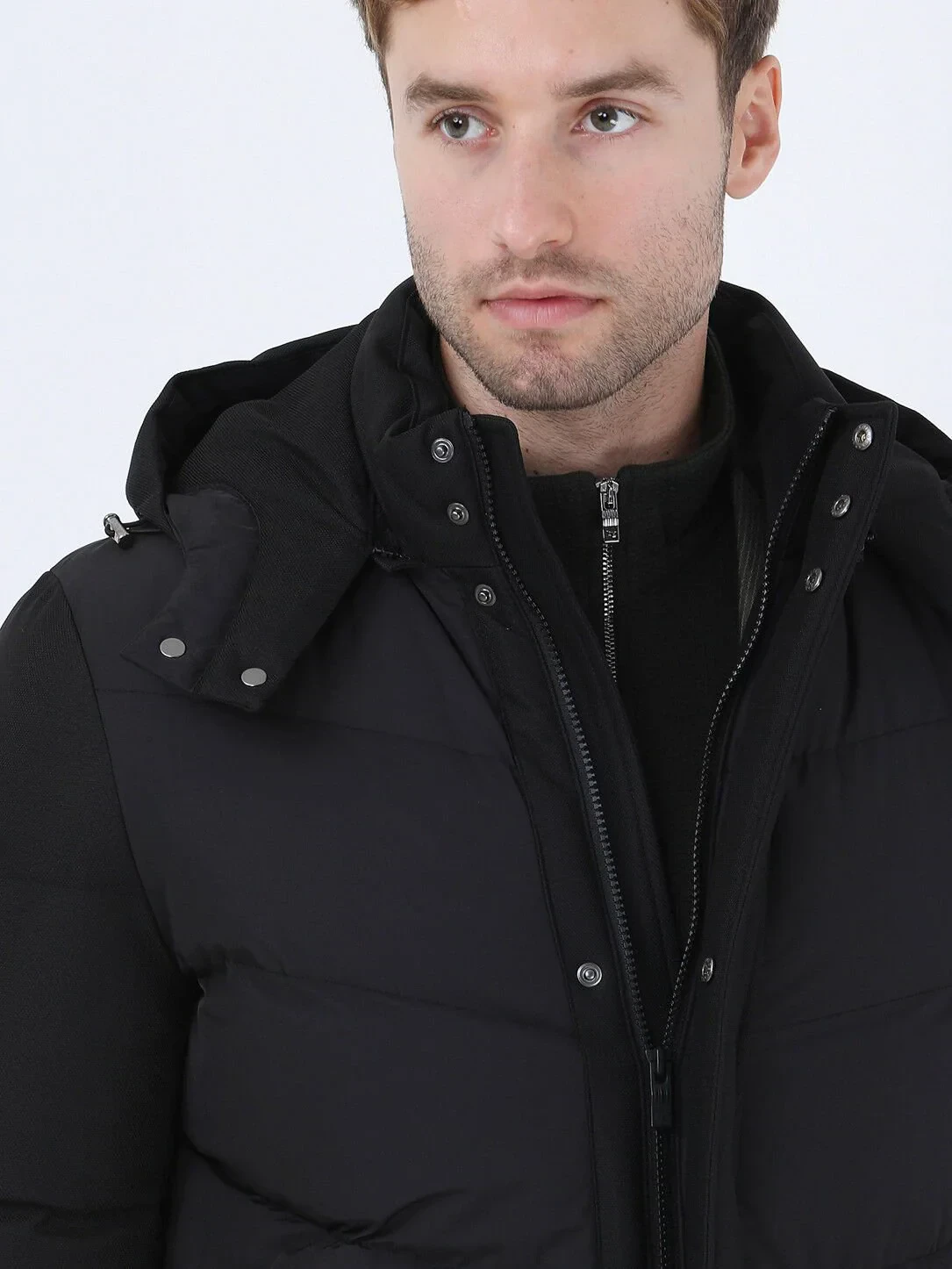 Siyah Regular Fit Kapüşonlu Casual Dokuma Kaban - 4