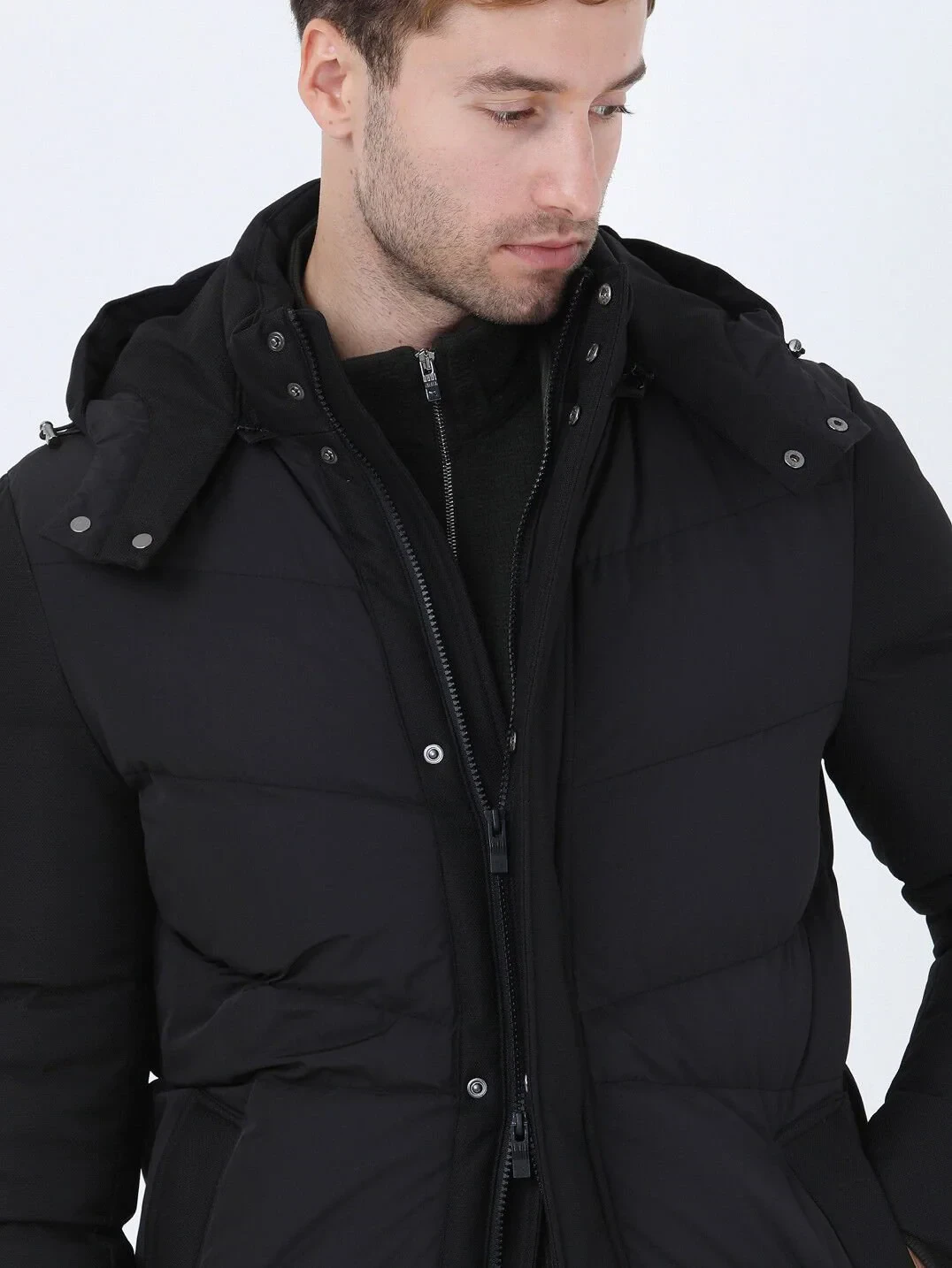 Siyah Regular Fit Kapüşonlu Casual Dokuma Kaban - 5
