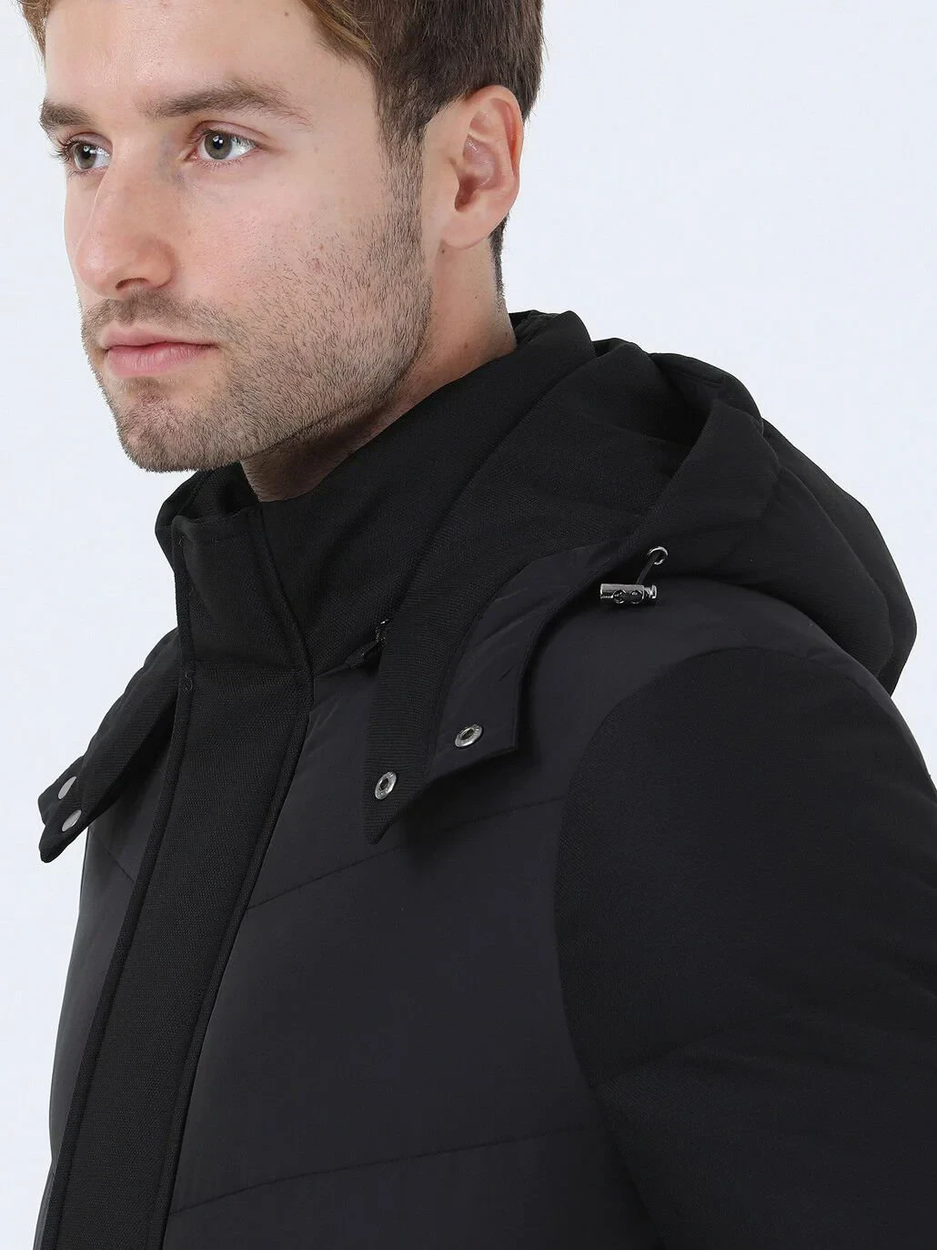 Siyah Regular Fit Kapüşonlu Casual Dokuma Kaban - 6