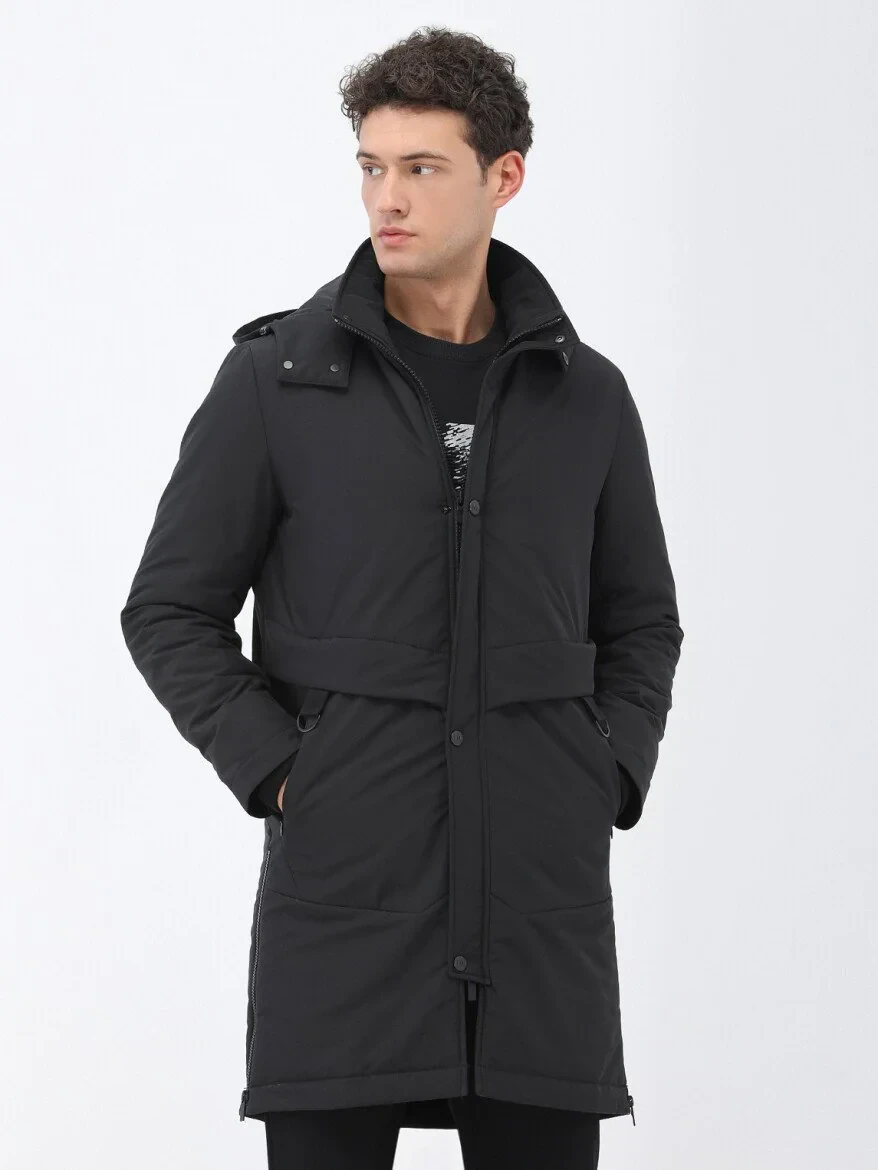 Siyah Regular Fit Kapüşonlu Casual Dokuma Kaban - 1