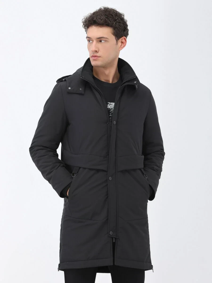 Siyah Regular Fit Kapüşonlu Casual Dokuma Kaban - 1