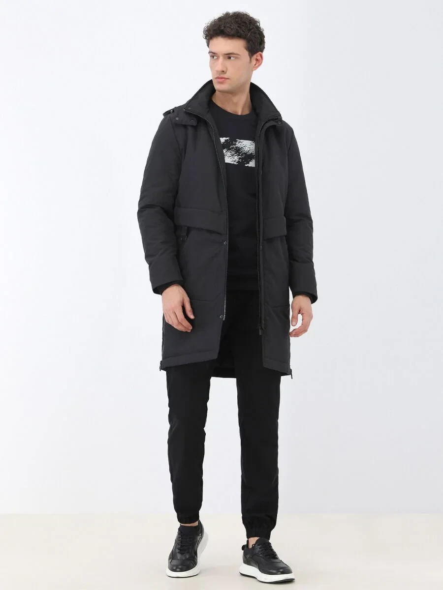 Siyah Regular Fit Kapüşonlu Casual Dokuma Kaban - 2