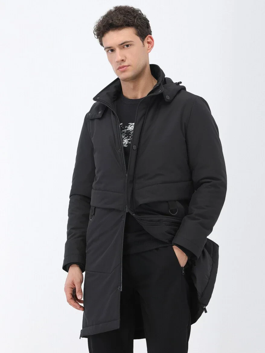 Siyah Regular Fit Kapüşonlu Casual Dokuma Kaban - 3