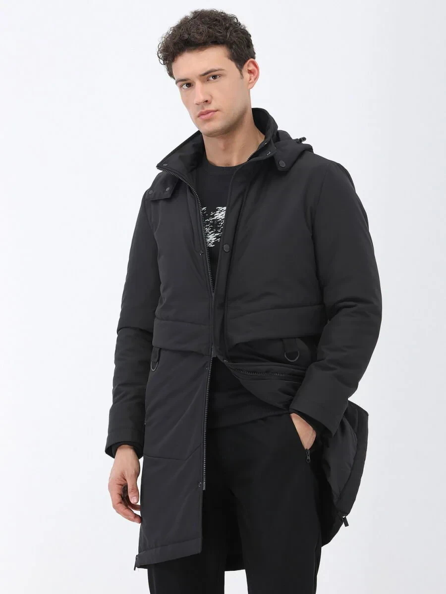 Siyah Regular Fit Kapüşonlu Casual Dokuma Kaban - 3