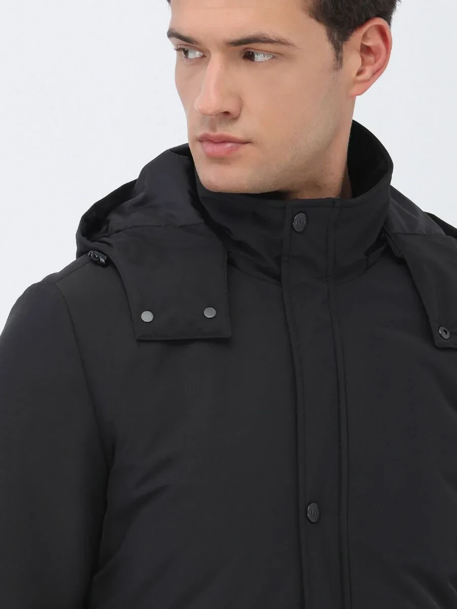 Siyah Regular Fit Kapüşonlu Casual Dokuma Kaban - 4