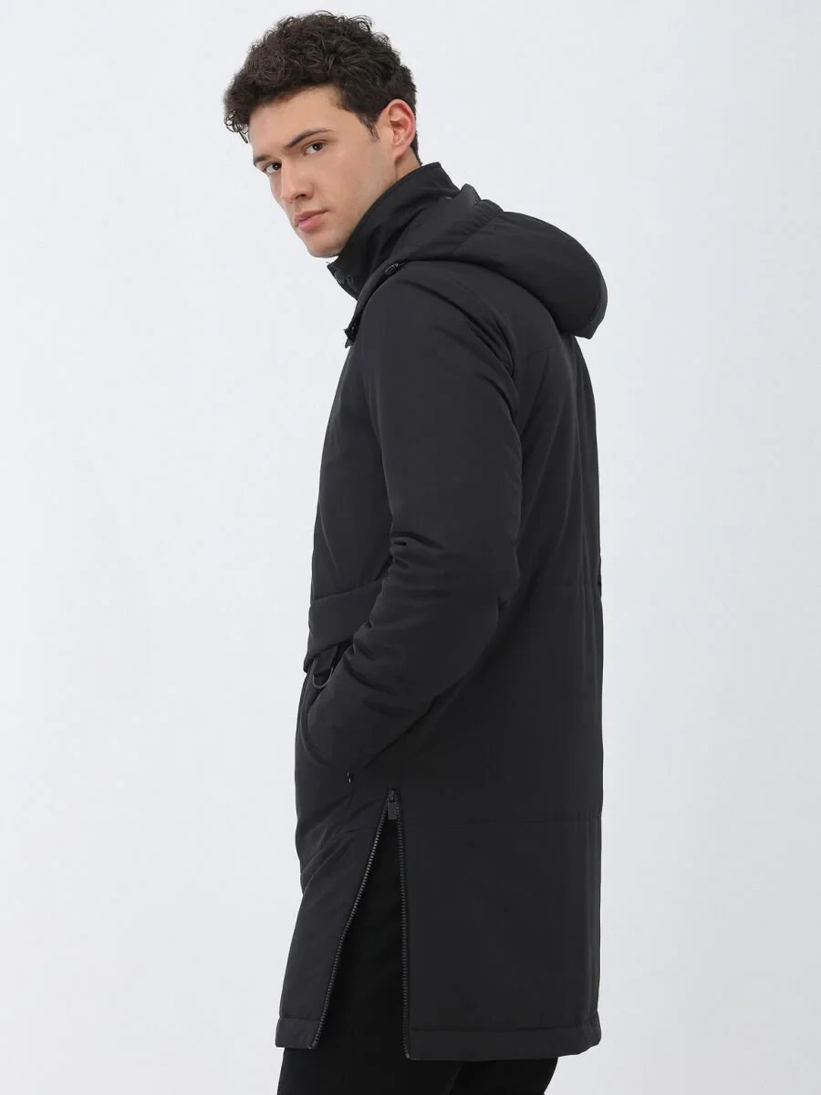 Siyah Regular Fit Kapüşonlu Casual Dokuma Kaban - 5