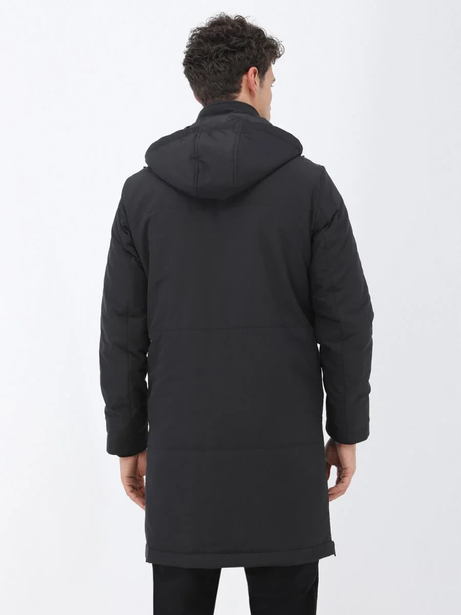 Siyah Regular Fit Kapüşonlu Casual Dokuma Kaban - 6