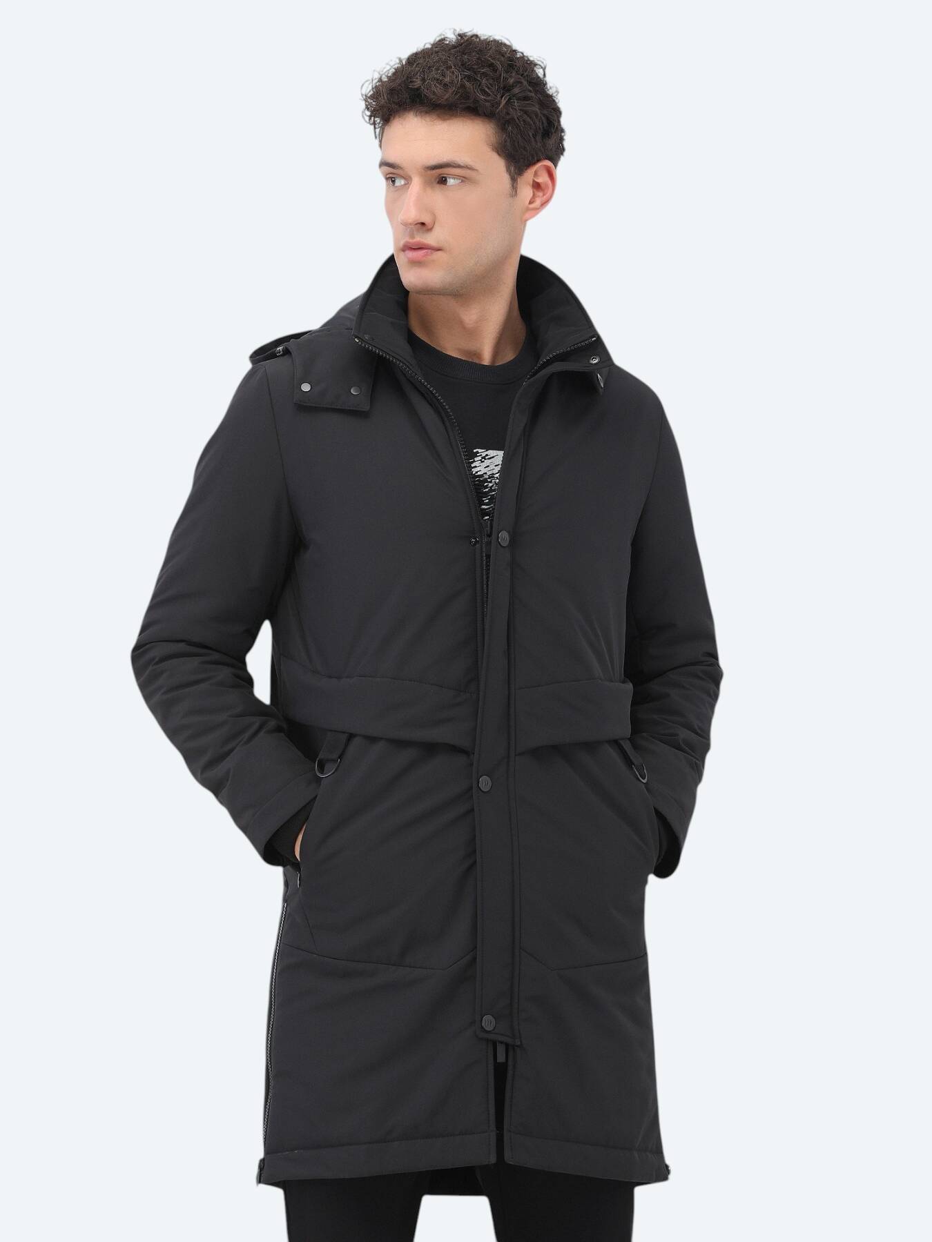 Siyah Regular Fit Kapüşonlu Casual Dokuma Kaban
