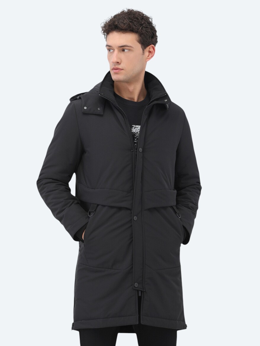 Siyah Regular Fit Kapüşonlu Casual Dokuma Kaban - KİP