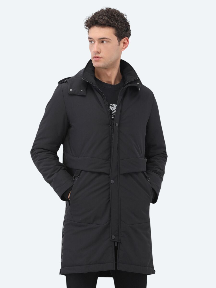 Siyah Regular Fit Kapüşonlu Casual Dokuma Kaban - 1