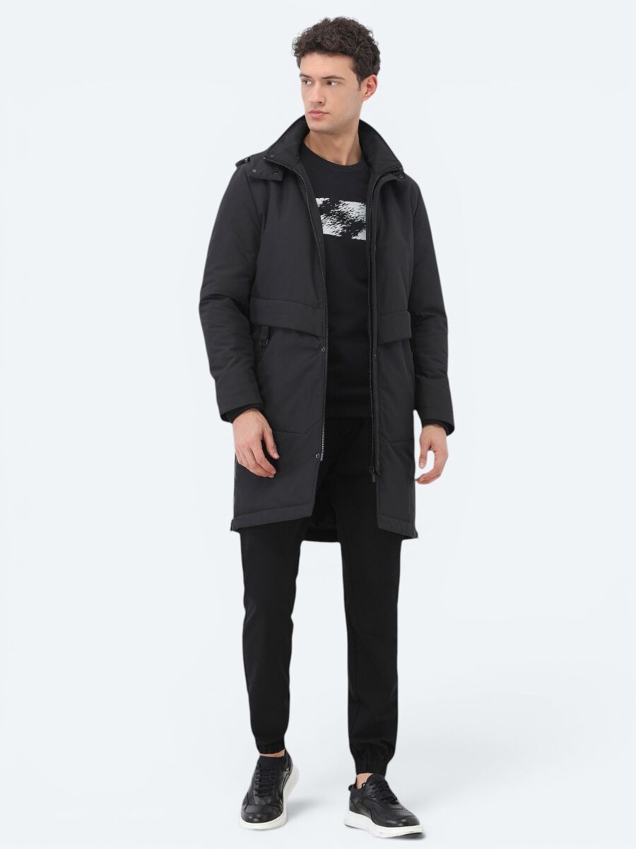 Siyah Regular Fit Kapüşonlu Casual Dokuma Kaban - 2