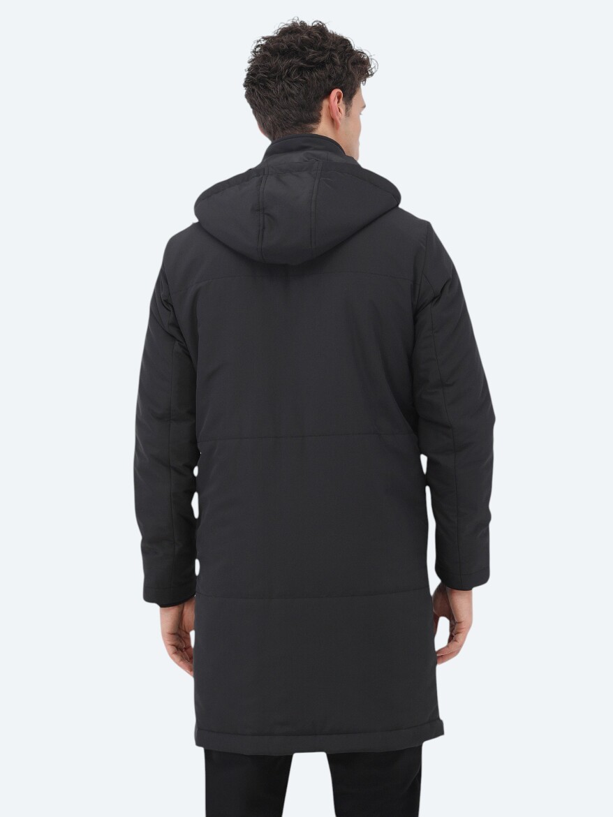 Siyah Regular Fit Kapüşonlu Casual Dokuma Kaban - 6