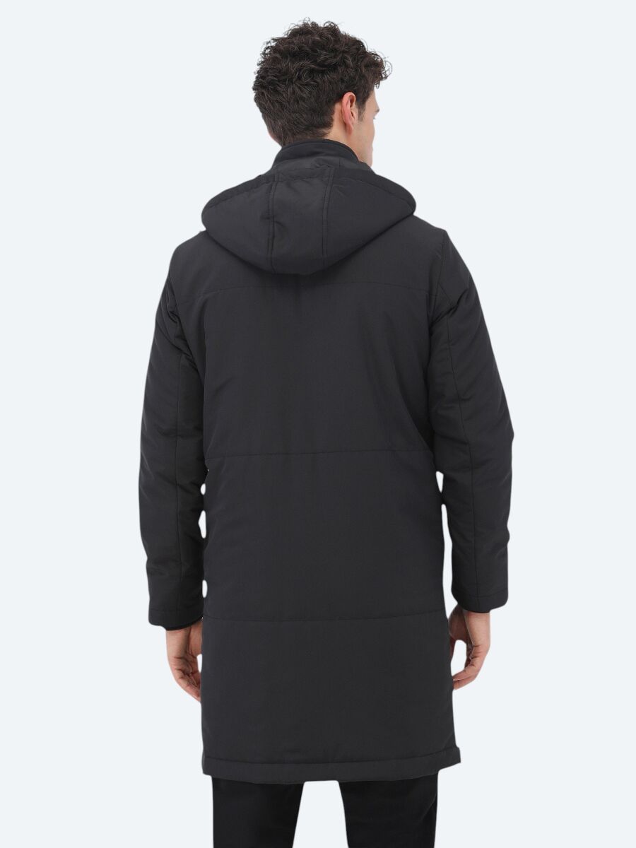 Siyah Regular Fit Kapüşonlu Casual Dokuma Kaban - 6