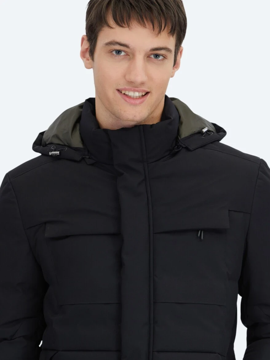 Siyah Regular Fit Kapüşonlu Casual Dokuma Kaban - 5