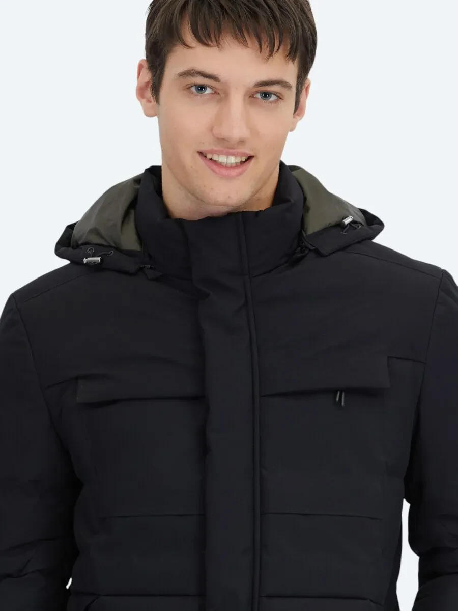 Siyah Regular Fit Kapüşonlu Casual Dokuma Kaban - 5