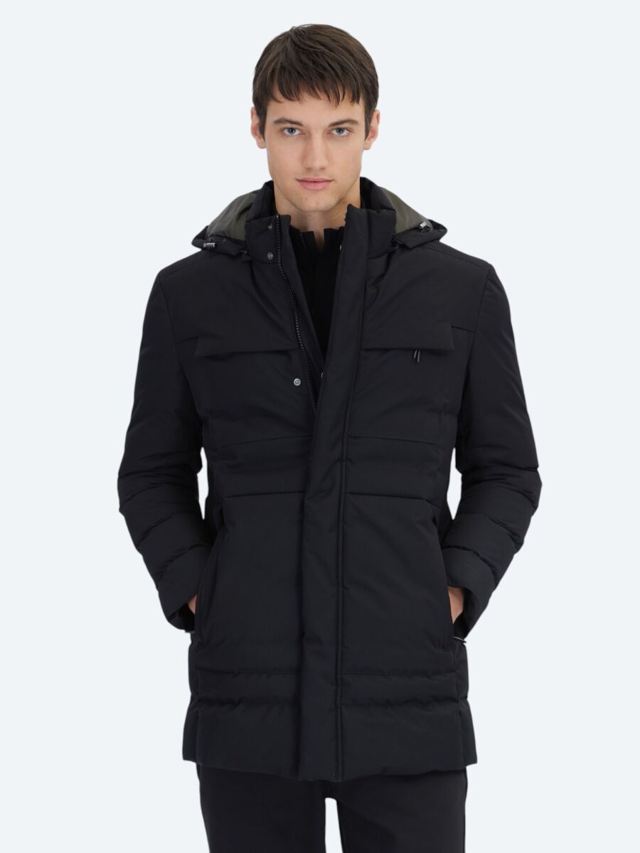 Siyah Regular Fit Kapüşonlu Casual Dokuma Kaban - 1