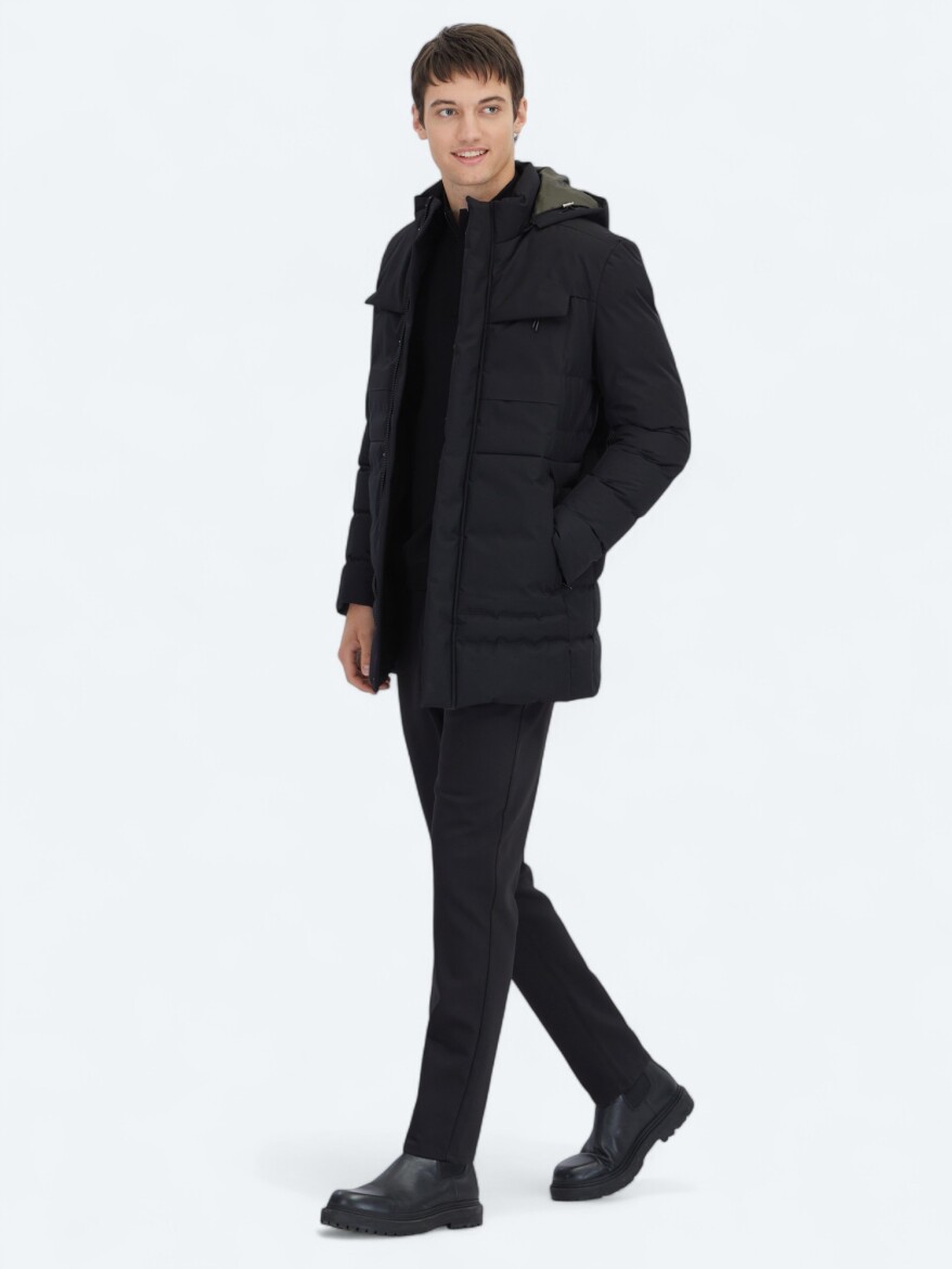 Siyah Regular Fit Kapüşonlu Casual Dokuma Kaban - 3