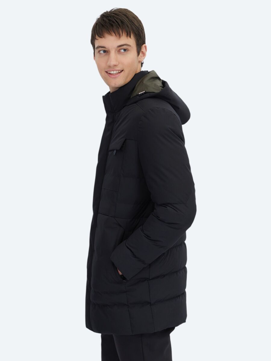 Siyah Regular Fit Kapüşonlu Casual Dokuma Kaban - 4