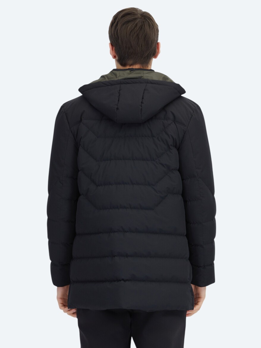 Siyah Regular Fit Kapüşonlu Casual Dokuma Kaban - 7