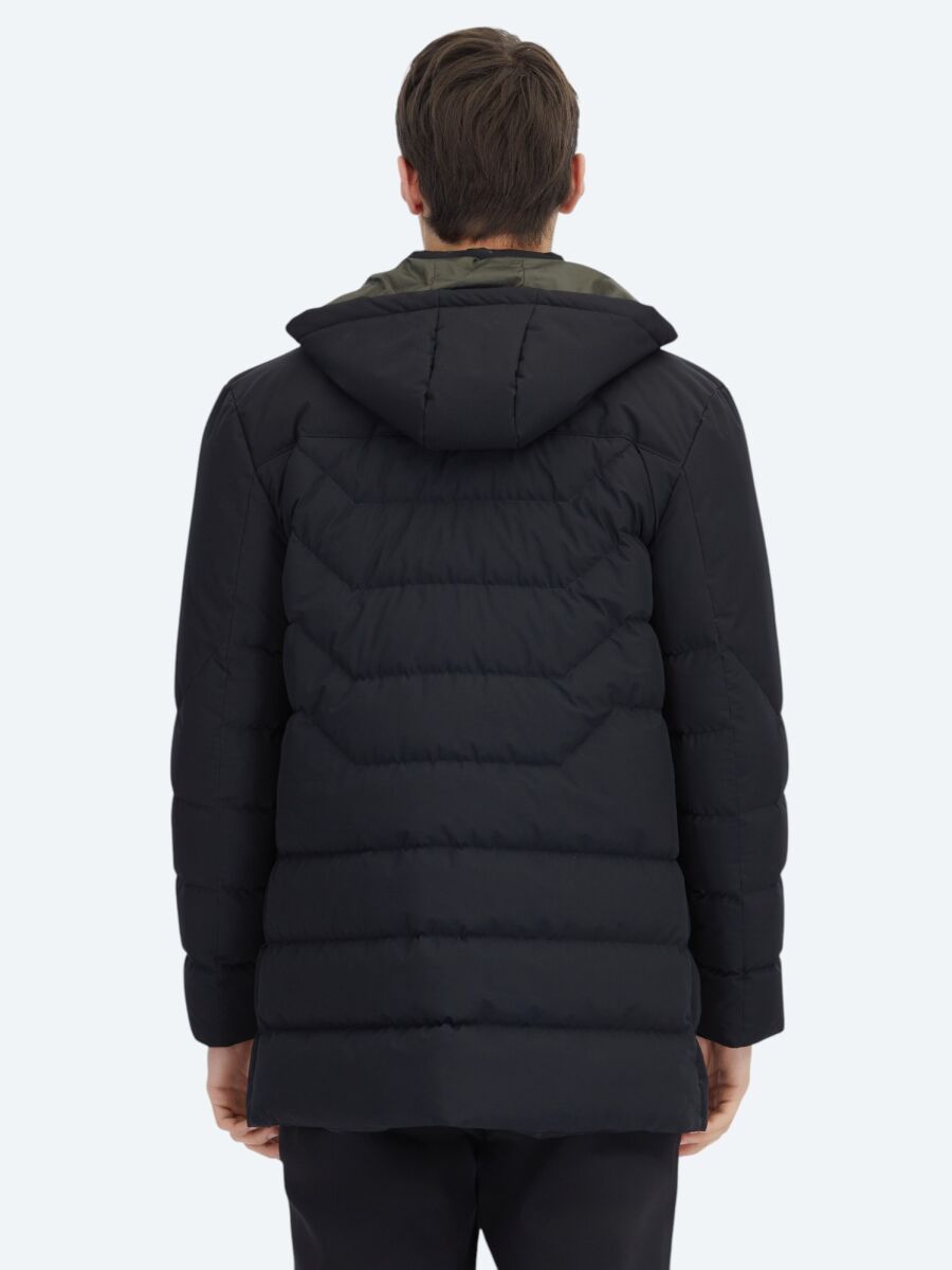 Siyah Regular Fit Kapüşonlu Casual Dokuma Kaban - 7