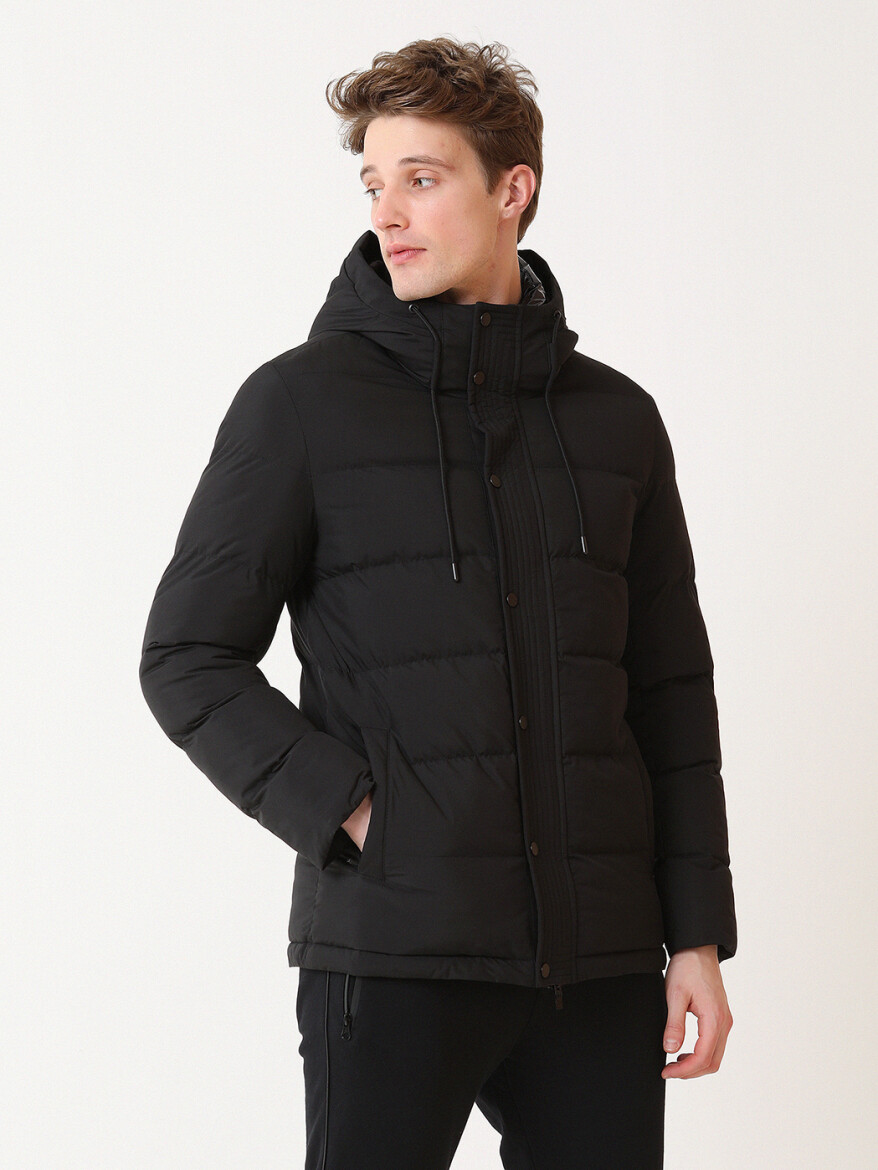 Siyah Regular Fit Kapüşonlu Casual Dokuma Mont - 1