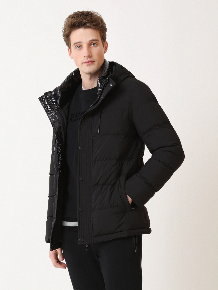 Siyah Regular Fit Kapüşonlu Casual Dokuma Mont - 2