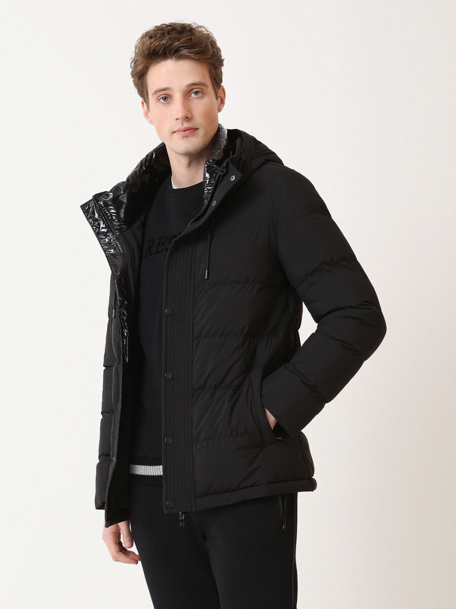 Siyah Regular Fit Kapüşonlu Casual Dokuma Mont - 2