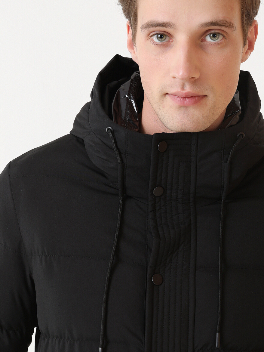 Siyah Regular Fit Kapüşonlu Casual Dokuma Mont - 3
